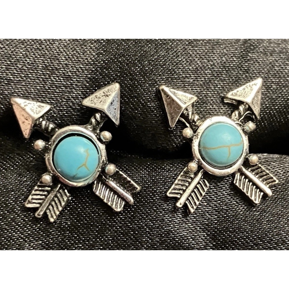 Southwest Santa Fe Faux Turquoise Arrow Feather Western Silver Tone Earrings